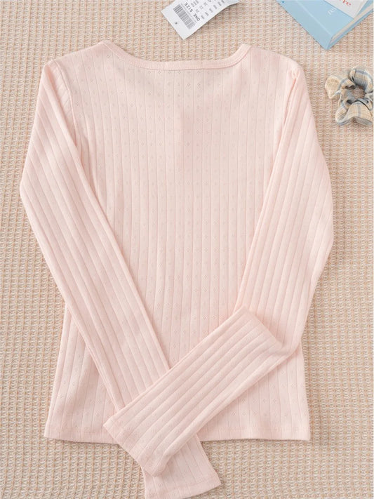 Sweet Pink Hollow Out Cute Cotton T-shirts Femme Button Casual Slim Long Sleeve Tees Women Basic Chic Vintage Tops Clothes Y2K