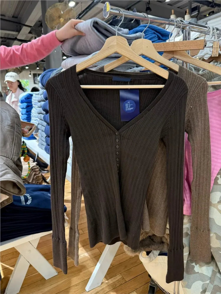 Knitted V-neck T-shirts Women Autumn Buttons Slim