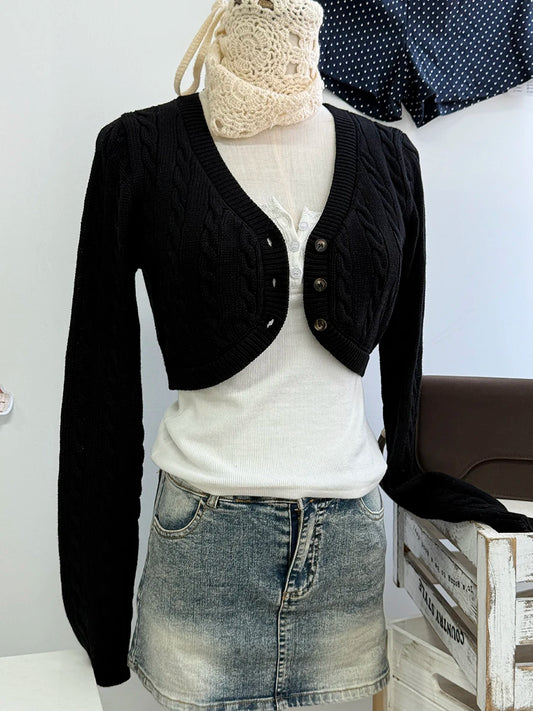 Cropped Knitwear Women Cotton Twisted Flower V-neck Long Sleeve Slim Crop Tops Sweater Vintage Chic Sweater Cardigan