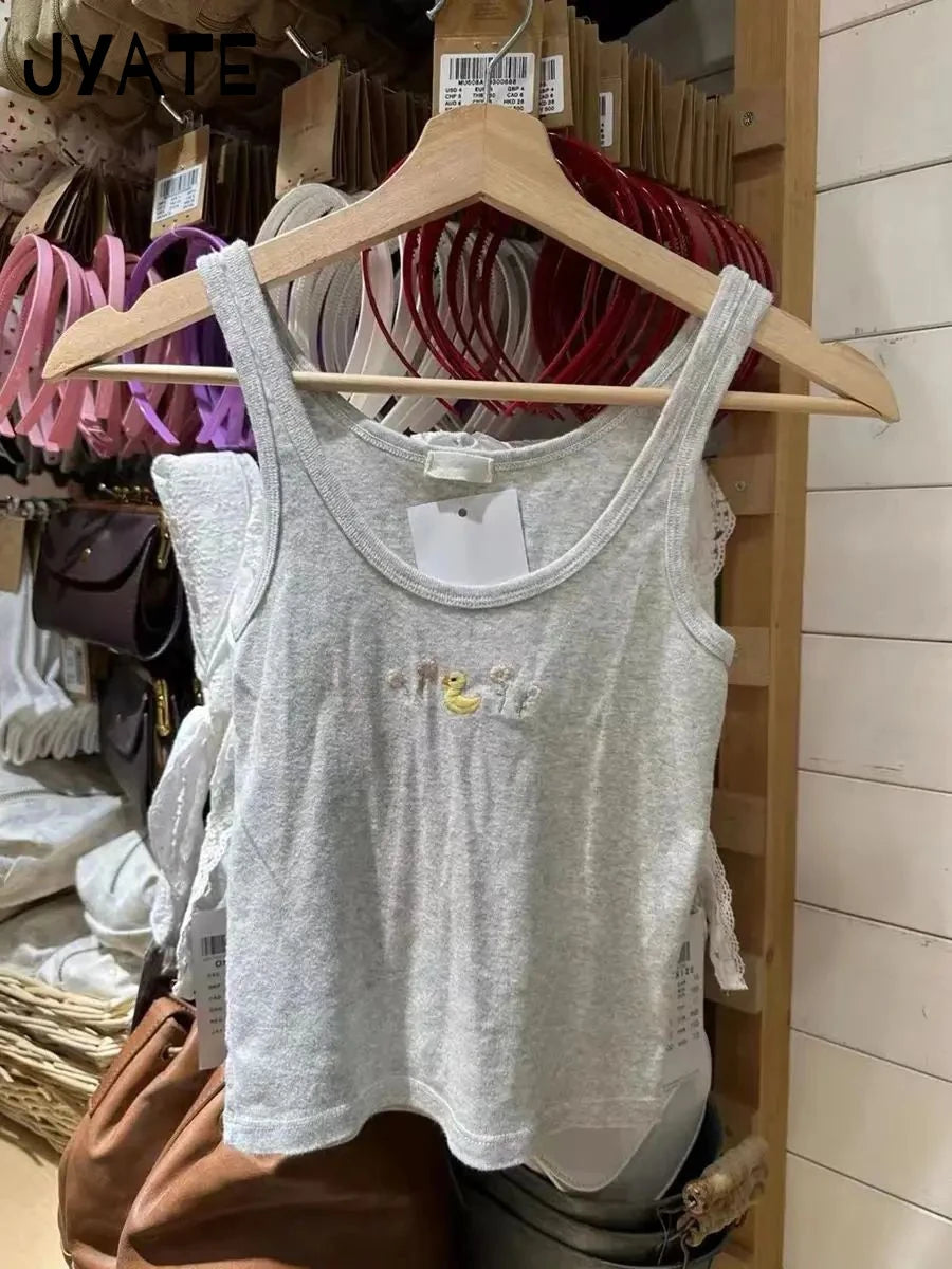 Little Bear Embroidery U-neck Tank Tops Women Summer Cotton Streetwear White Casual Cropped Vest Sweet Cute Vintage Camisole Y2K
