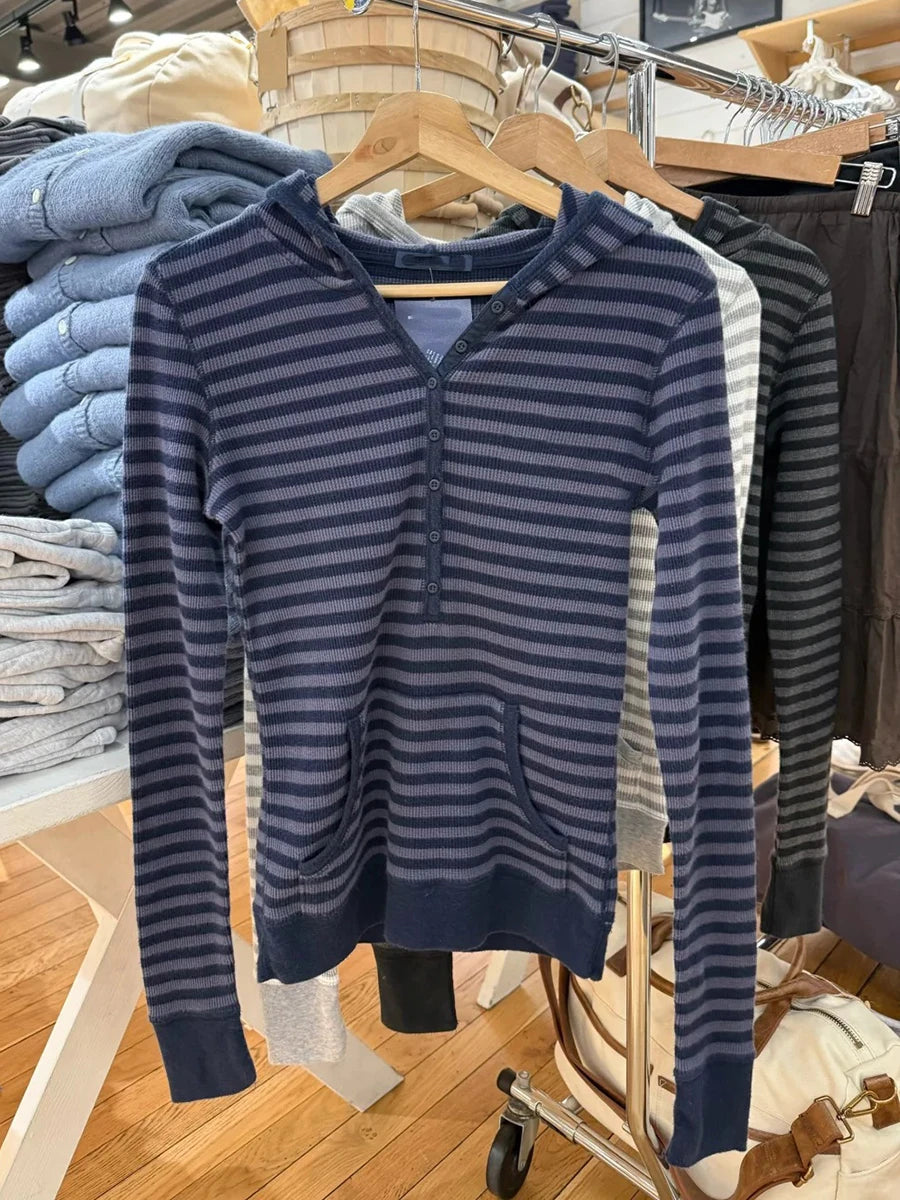 New Waffle Hooded T-shirt Women Casual Button Cotton Slim Long Sleeve Tee Shirt Vintage American Preppy Style Tshirt Y2k