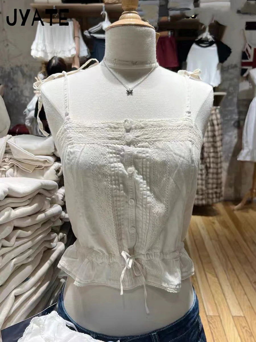 Women's Beige Buttons Strappy Tank Tops Women Summer New Slim Lace Trim Ruffle Cropped Vest Sweet Cute Vintage Chic Camisole Y2K