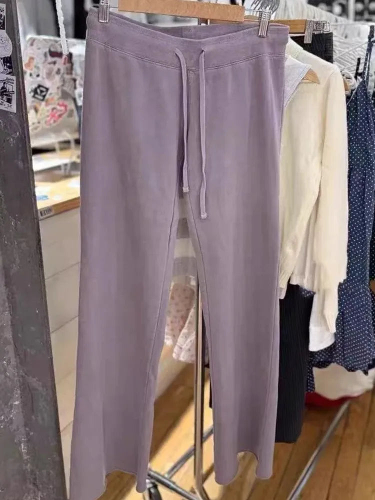 Purple Fleece Lined Sport Long Pant Women High Waist Cotton Straight Sweatpants Sweet Casual Streetwear Drawstring Sweatpants