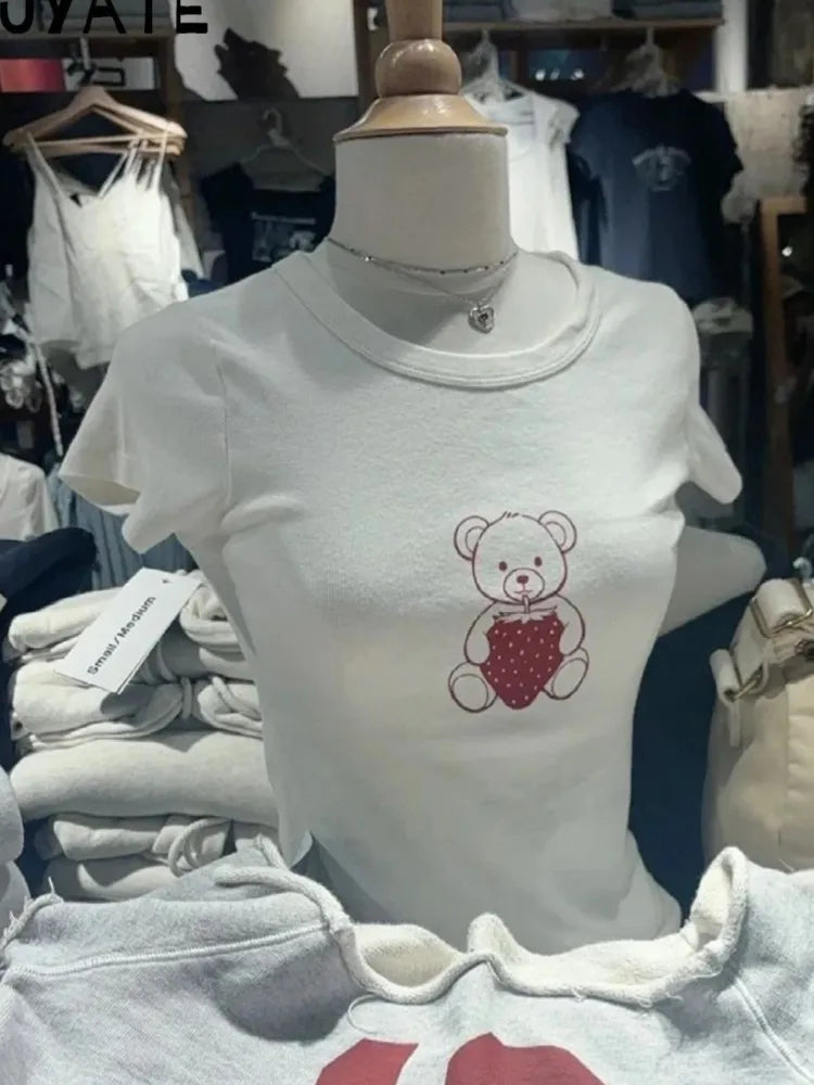 Strawberry Bear Print T-shirts Women Summer Casual Preppy Style Cotton Slim Short Sleeve Tees Sweet Cute Vintage Tops Clothes