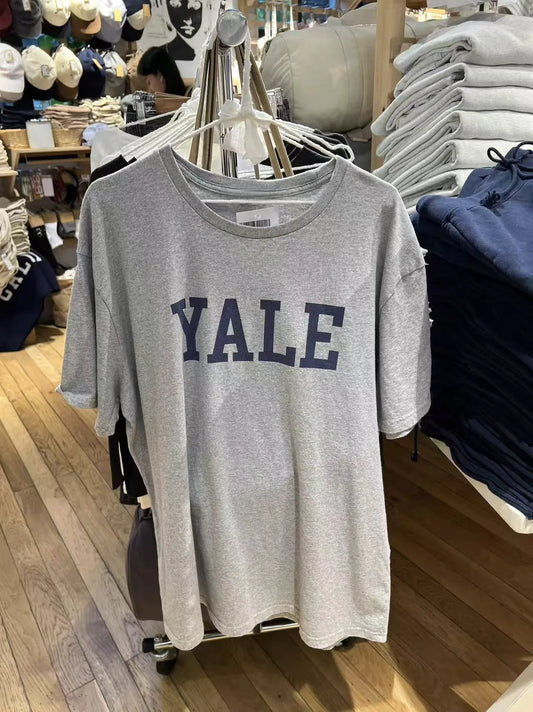 YALE Print Gray Short Sleeve Tees Women Summer New Chic Cotton Casual O-neck Loose Tops Female Vintage Simple Chic T-shirts Y2K