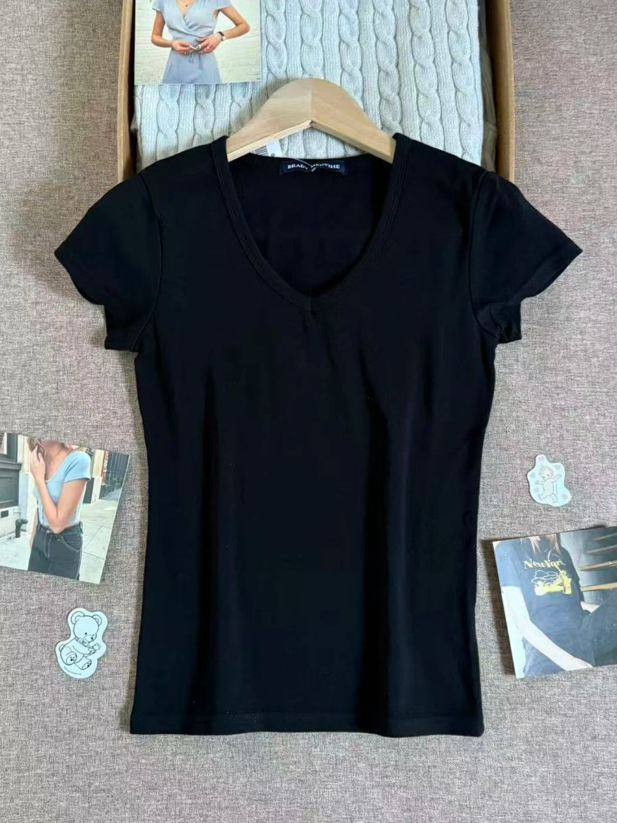 Solid V-neck Short Sleeve Tees Women Casual Streetwear Slim Cotton Tops Clothes Simple Basic Preppy Style T-shirts Y2K