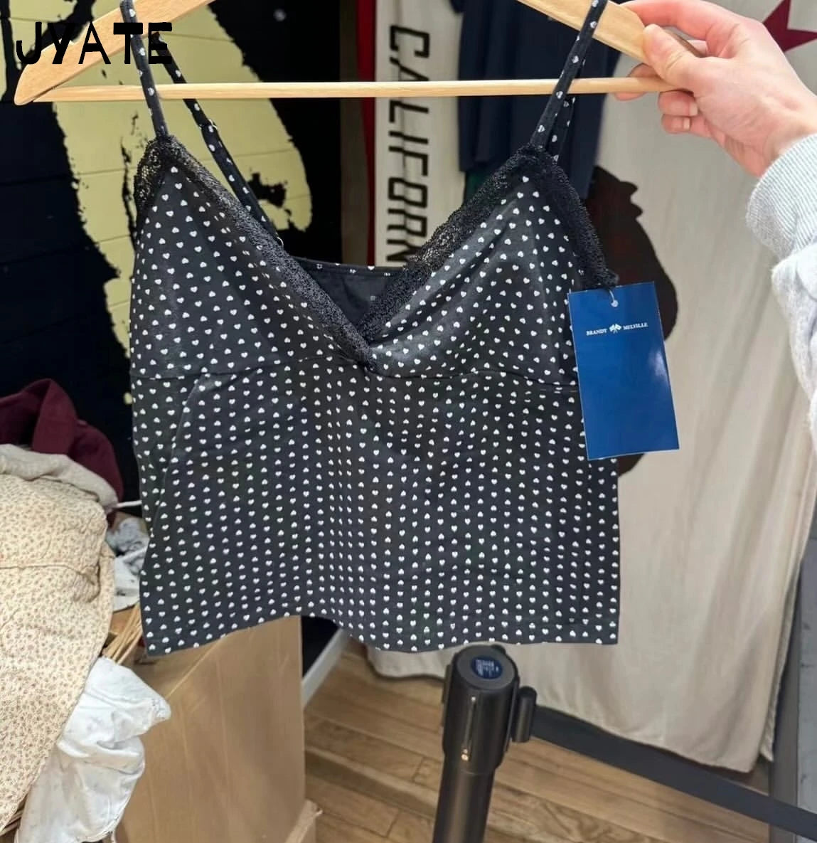 Heart Print Blue Lace Trim Camisole Women New Sexy Casual Slim Vintage V-neck Sleeveless Vests Sweet Cute Preppy Tank Tops Y2K