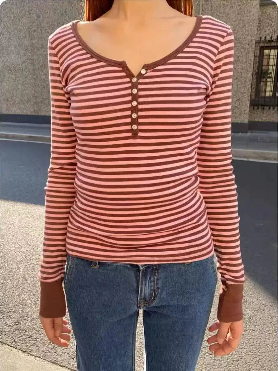 Basic Six Buttons Ribbed Slim Long Sleeve T-shirts Women O-Neck Cotton Tshirts Tops Female All-match Simple Tees Shirt Clothes