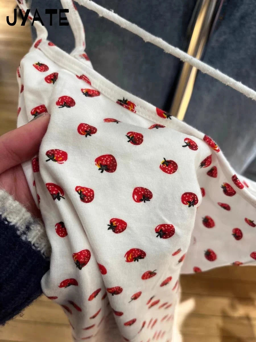 Sweet Strawberry Print Slim Mini Dress Women Summer New Street Preppy Style Cotton Sleeveless Vestidos Cute Chic Vintage Dresses