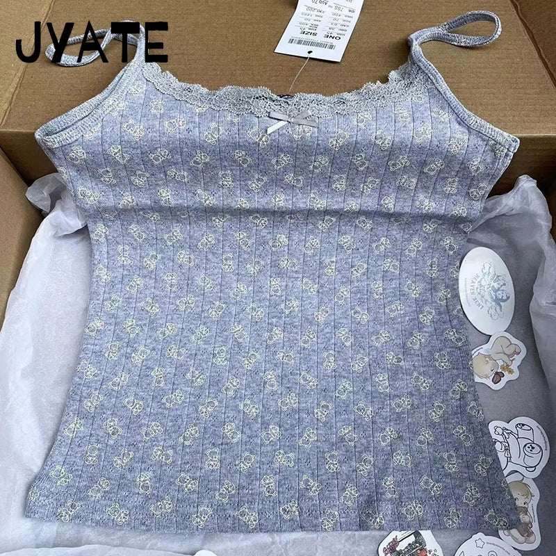 Cute Little Duck Bow Tank Tops Women Summer New Cotton Soft Chic Slim Eyelet Sleeveless Vests Sweet Casual Vintage Camisole Y2K