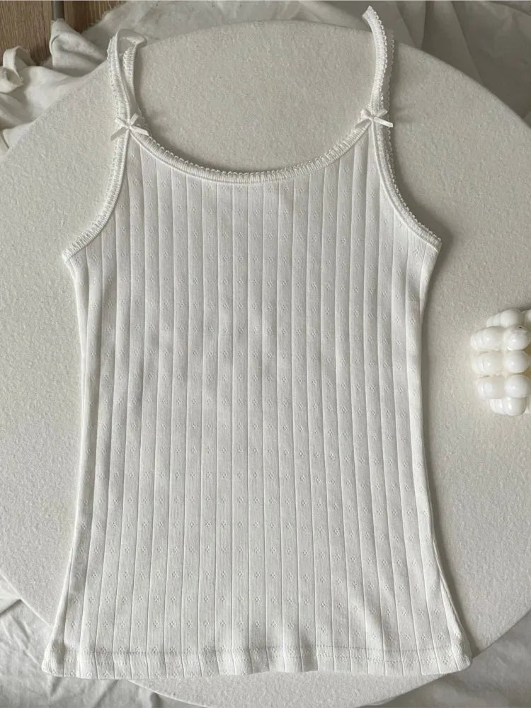 Lace Trim Eyelet Bow Tank Tops Women Cotton Soft Casual Solid Slim Basic Sleeveless Vests Sweet Cute Preppy Style Camisole