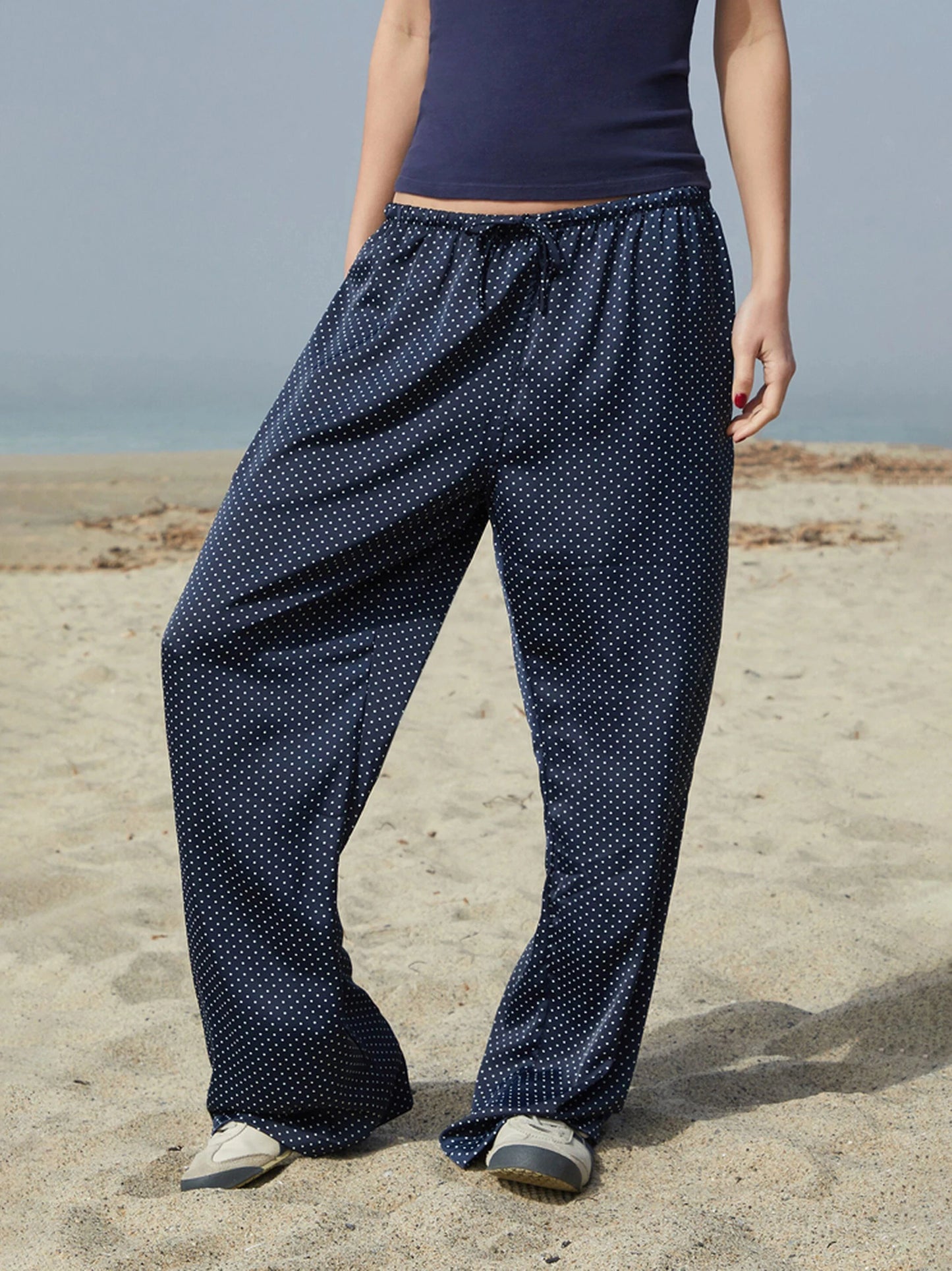 Fashion Blue Striped Drawstring Straight Sport Pants Women New Chic Elastic High Waist Long Pant Casual Sweet Loose Trousers Y2K