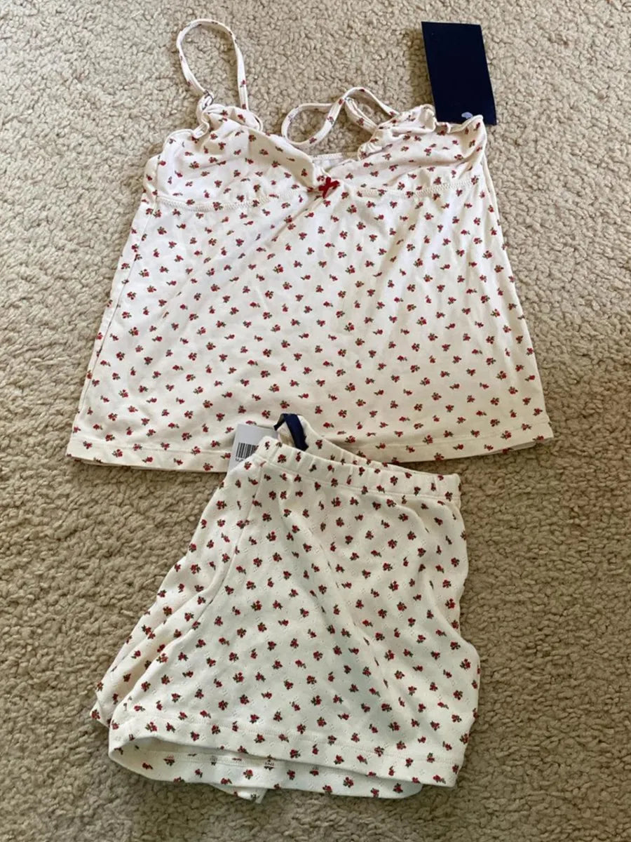 Red Floral Fungus Tank Shorts Pajama Sets Women Summer V-neck Slim Camisole+eyelet Sweatshorts Sweet Cotton Home 2 Piece Outfit