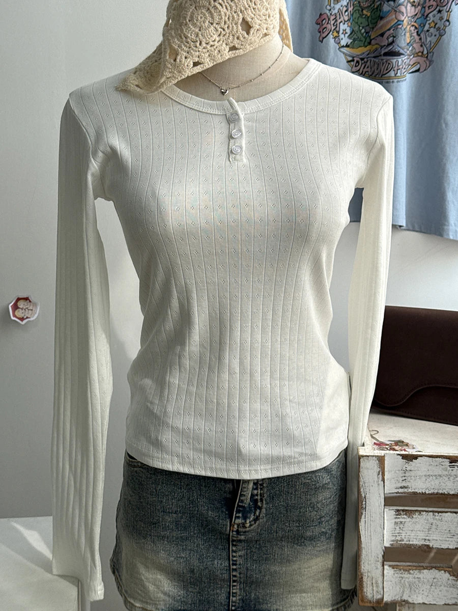 Eyelet Slim Long Sleeve T-shirt Women Simple Basic Preppy Style Buttons O-neck Cotton Tee Shirts Cute Vintage Sweet Tops