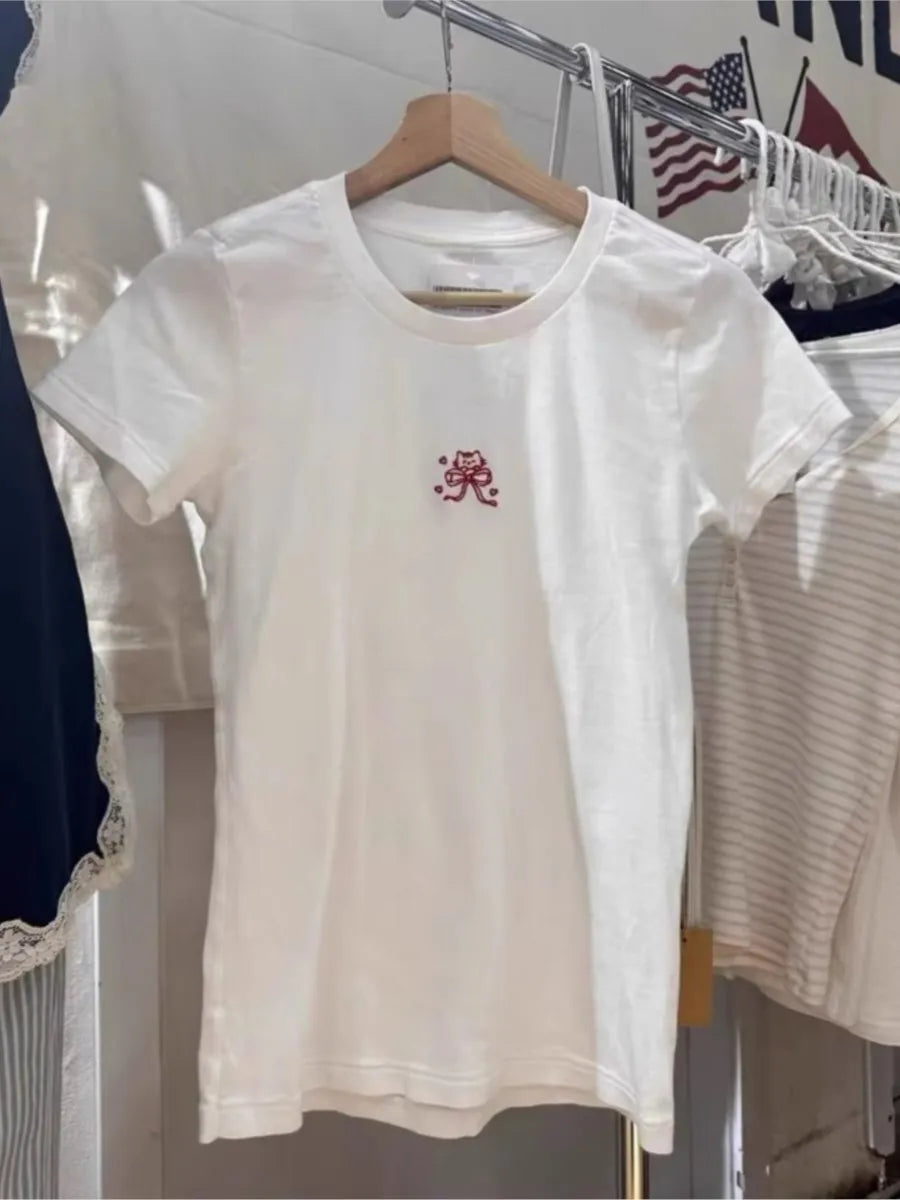 Vintage Red Letter Flag Embroidery Cotton T-shirt Women O-neck Summer Short Sleeve Tee Shirt American Slim Casual Crop Y2K Top
