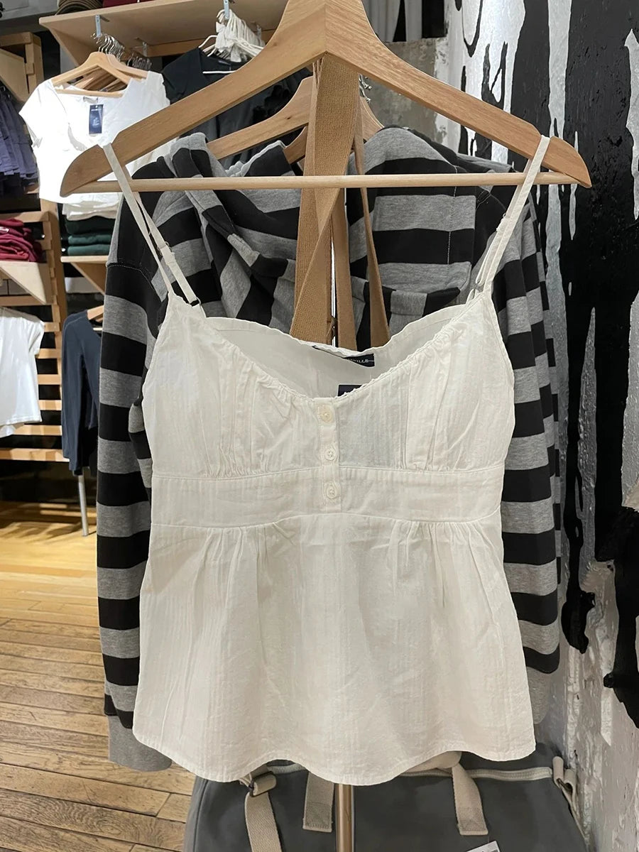 Sweet Pink Stripe Lace-up Tank Top Women Lace Trim Buttons V-neck Cotton Camis Summer Vintage Streetwear Sleeveless Crop Top Y2K