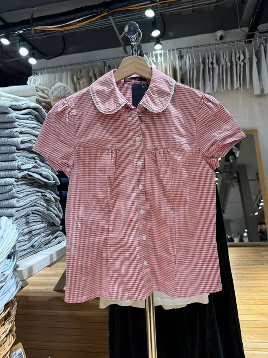 Pink Striped Peter pan Collar Blouse Women Casual Preppy Style Button Short Sleeve Tees Sweet Vintage Cute T-shirts Y2K Tops New