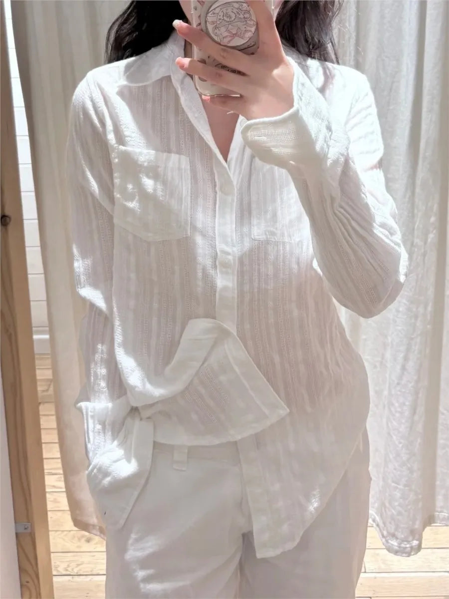 White Cotton Linen Collar Buttons Blouse T-shirts Women Slim Casual Long Sleeve Tees Girls Sweet Cute Preppy Style Y2K Crop Tops