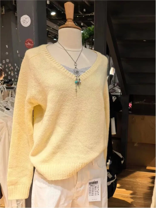 Yellow Sweater Woman Spring Casual Sweet V-neck Long Sleeve Knitted Pullover Cute Simple Preppy Style Sweaters Chic Y2k Jumpers