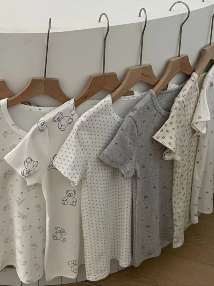 Eyelet Floral Print T-shirt Woman Summer Cotton Basic Round Neck Short Sleeve Tee Shirts Cute Sweet All-match Tshirt Y2K Tops