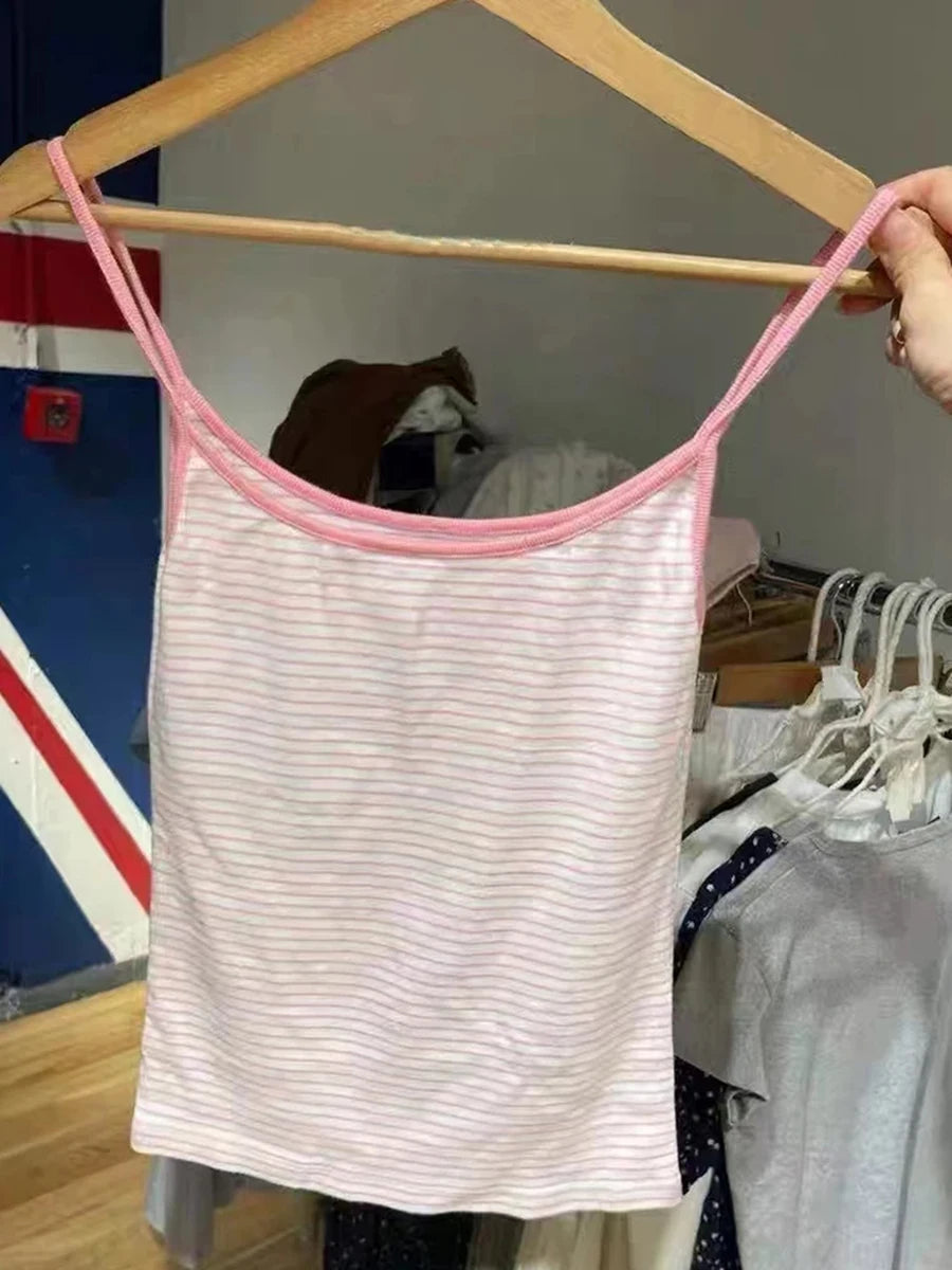 Sweet Slim Pink Striped Camisole Women Summer New Cotton Streetwear Sexy Cute Sleeveless Vests Female Chic Vintage Y2K Tank Tops