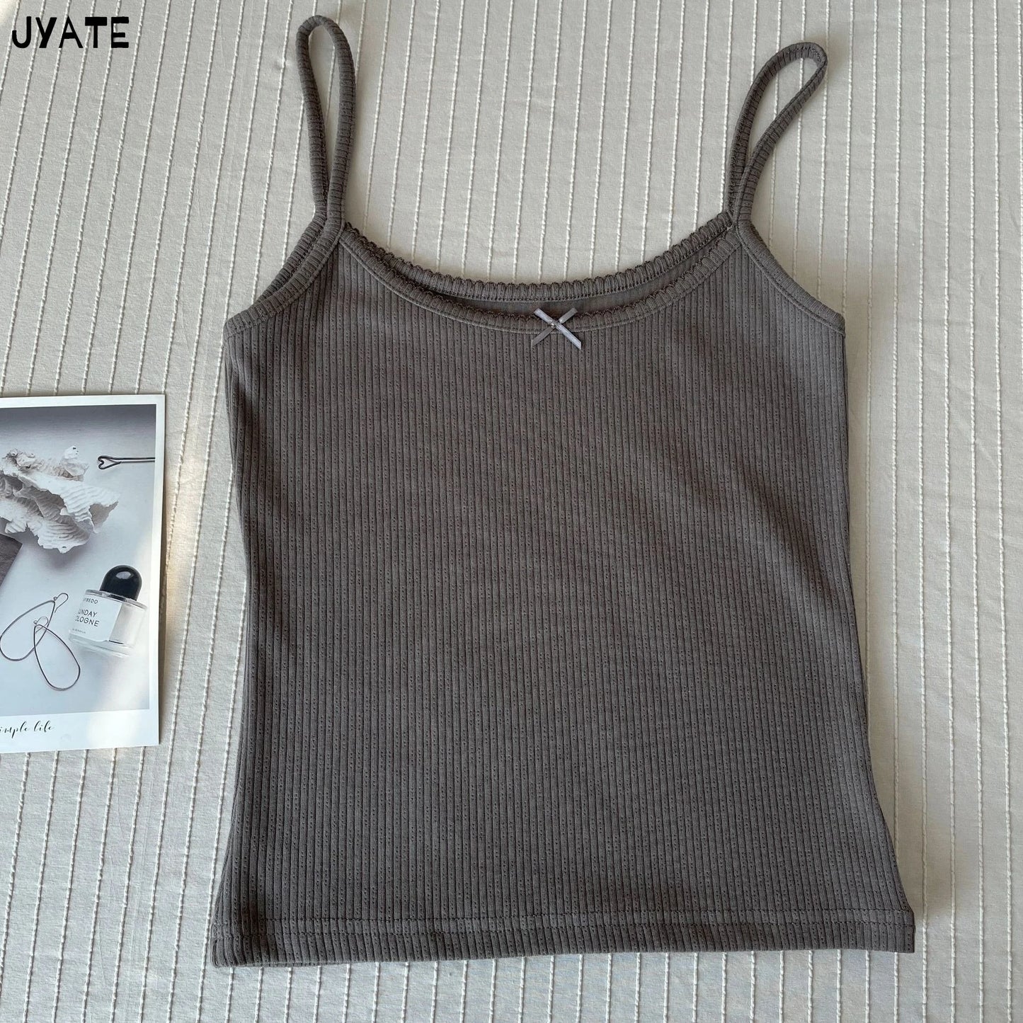 Solid Ribbed Bow O-neck Tank Tops Women Summer New Casual Fashion Slim Sleeveless Cropped Vests Vintage Sweet Cute Camisole Y2K