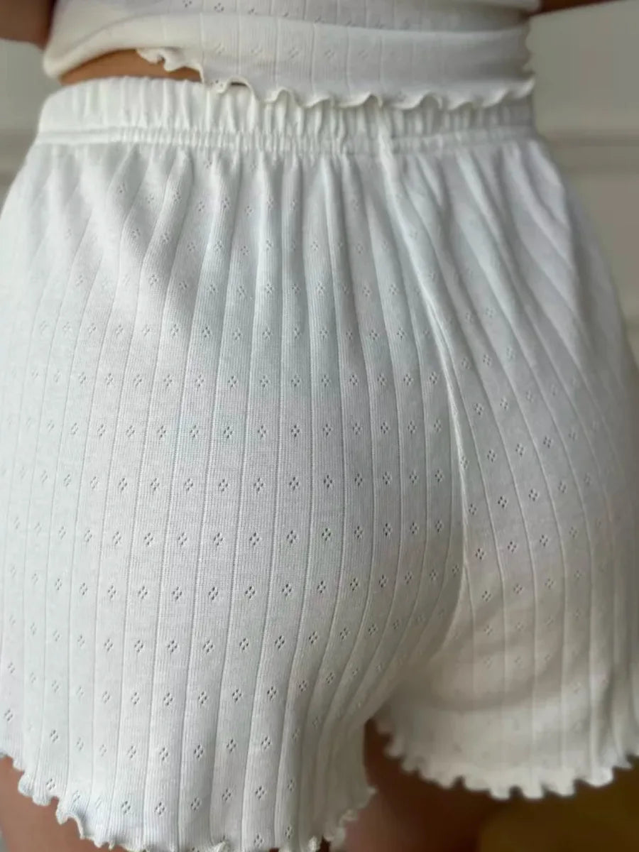 White Sweet Eyelet Short Sleeve T-shirt Shorts Set Women Casual Home Pajama 2 Piece Sets Slim Tees+Elastic Straight Sweatshort