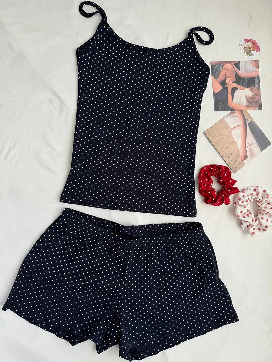 Vintage Navy Dot Ribbed Shorts Sets Women Casual Sleeveless Crop Tank Top+Shorts Sweet Cute Home Cozy Slim Two-piece Set
