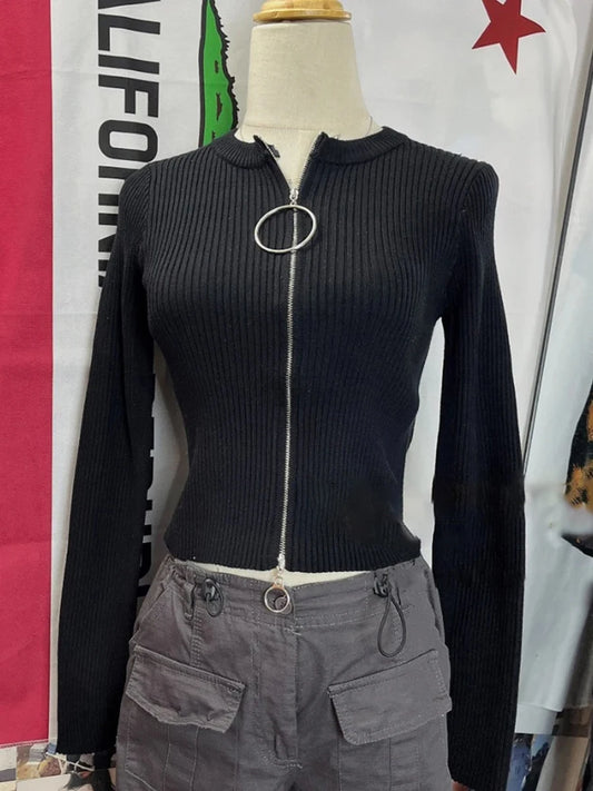 Simple Slim Short Knitted Cardigan Sweaters Women Casual Cotton Metal Ring Double Zipper Sweater Coats Vintage Simple Crop Tops