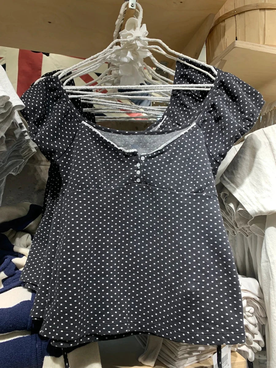 Polka Dot Lace Trim Square Collar T-shirts Women Retro Back Lace-up Slim Short Sleeve Tee Shirt Vintage Sweet Cute Tshirt Y2K