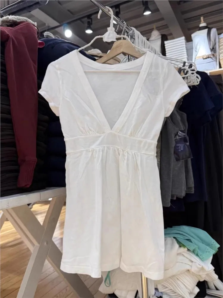 White Fold Long T-shirts Women Summer Sweet Deep V-neck Short Sleeve Slim Tee Shirts Casual Simple All-match Cotton Tshirt y2k