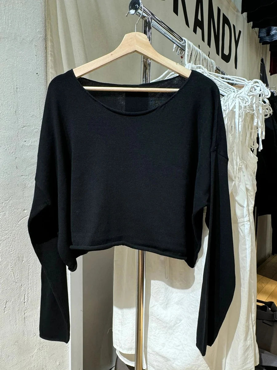 Gray Raw Trim Knit Cropped Sweater Women Scoop Neck Long Sleeve Cotton Loose Jumper Autumn Simple Sweet Oversized Crop Top Y2K