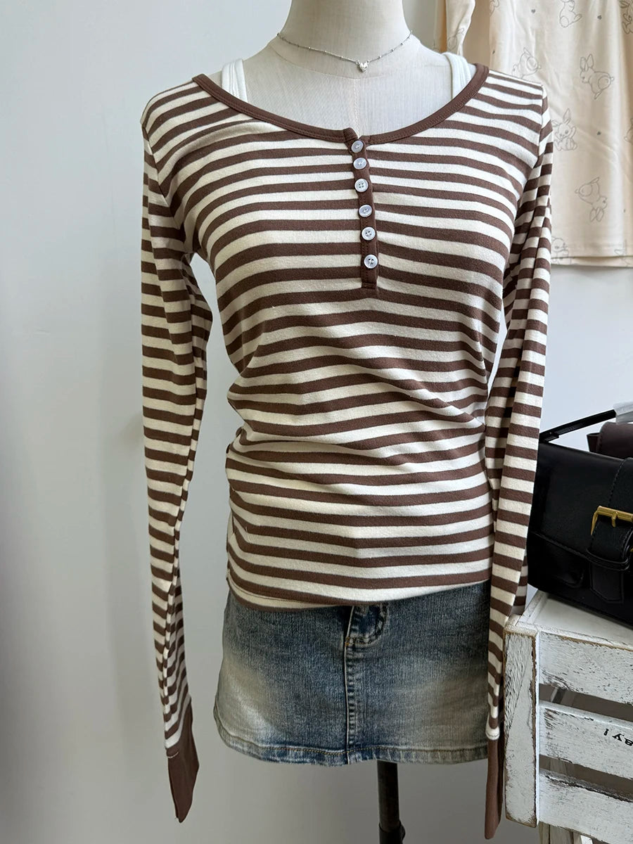 Navy Striped Buttons Long Sleeve Tees Women Casual Chic Cotton T-shirt Cute Preppy Style Slim Tshirt Zelly Tops