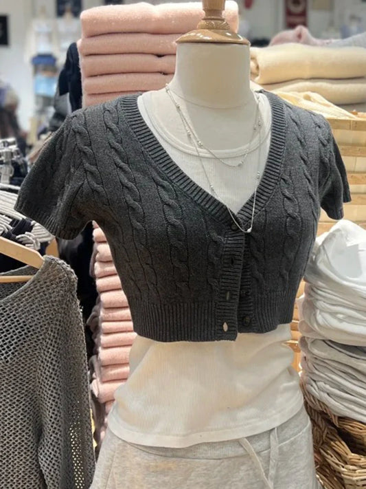 Four Button Knitted Cropped Cardigan Women Simple V-neck Twist Flower Short Sleeve Crop Tops Vintage Sweet Chic Knitwear Y2K