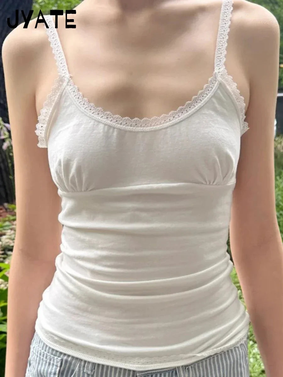 New White Lace Trim U-neck Tank Tops Women Summer Simple Slim Soft Casual Folds Sleeveless Vests Sweet Cute Vintage Camisole Y2K