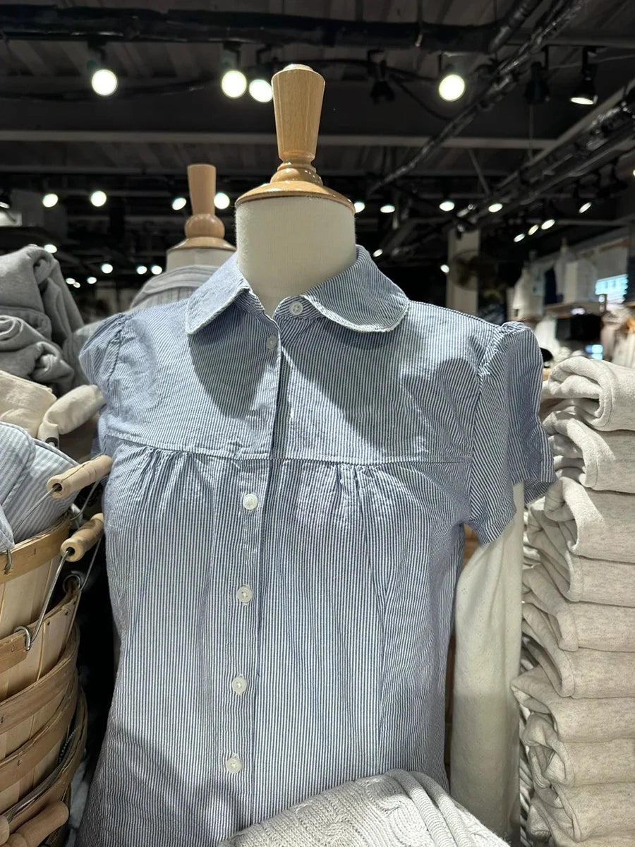 Blue Striped Peter pan Collar Blouse Women Casual Preppy Style Buttons Short Sleeve Tee Sweet Vintage Cute T-shirts Y2K Tops New