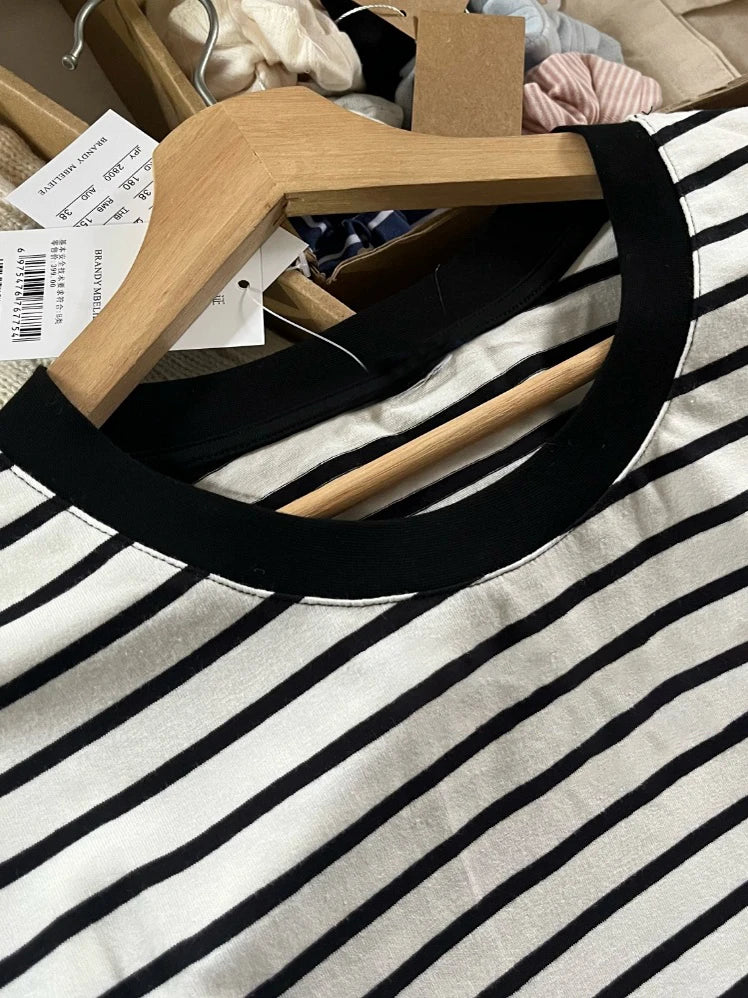 Casual Striped Long Sleeve T-shirt Woman Autumn Y2K Round Neck Cotton Basic Tee Shirt Vintage Streetwear Sweet Tshirts New Tops