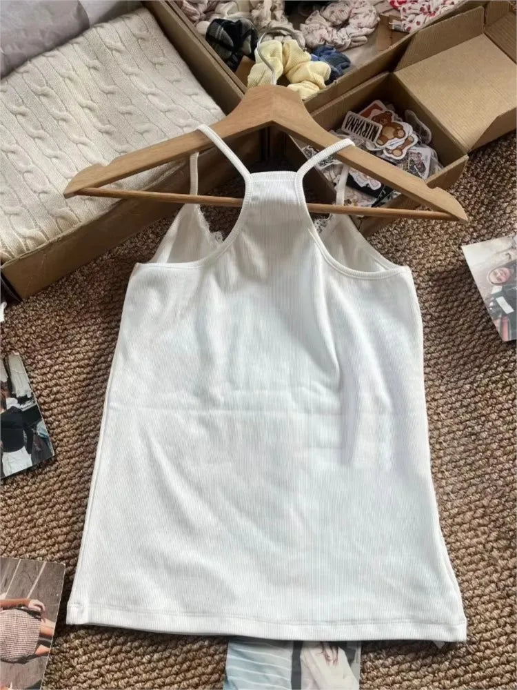 Cute Graphic Print Ribbed Slim Camisole Woman Summer Lace Trim U Collar Cotton Tank Tops Female Sweet Fairycore Crop Top OOTDS