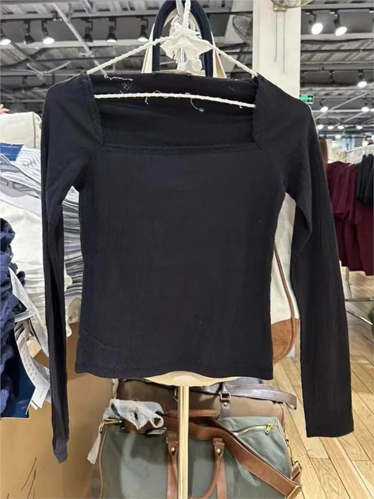 Black Lace Trim Sexy Slim Long Sleeve Tees Women Autumn Square Neck Basic Streetwear Tops Female Simple Sweet Chic Y2K T-shirts