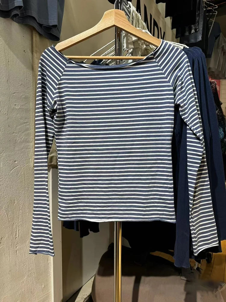 Vintage Striped Sexy Slash Neck Slim T Shirt Women Casual Streetwear Cotton Long Sleeve Tees Casual Sweet Basic T-shirts Y2K New