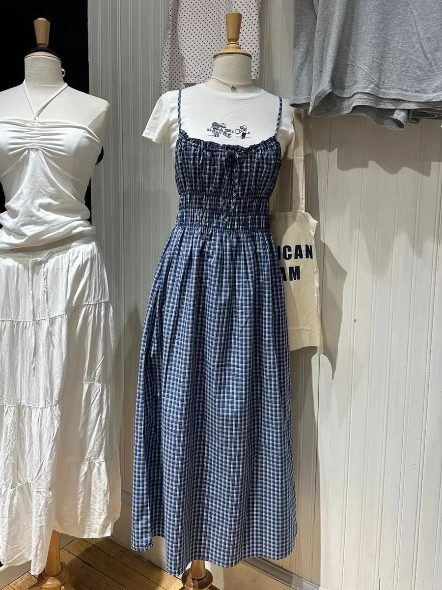 Retro Red Plaid Ruffles Camisole Dress Women High Waist Backless Lace-up Sleeveless Long Dresses Vintage Cute Sweet Y2K Vestidos