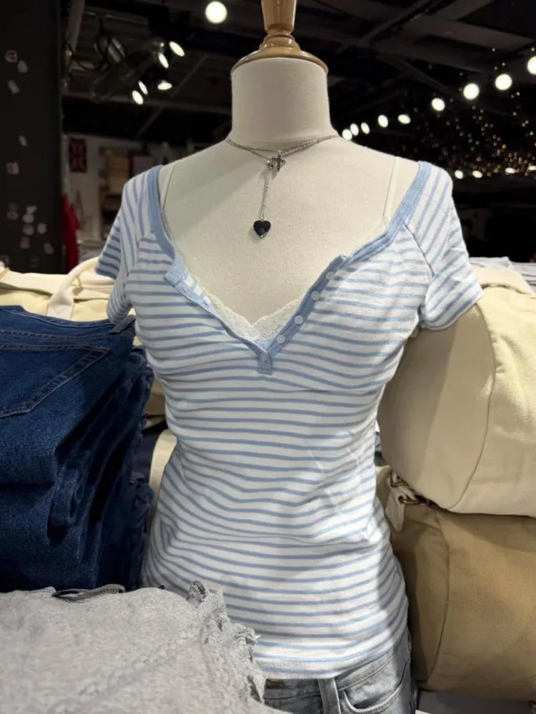Blue Striped Button T-shirts Women Cotton Slim Preppy Style Simple Crew Neck Short Sleeve Tees Sweet Cute Fashion Y2K Tshirts