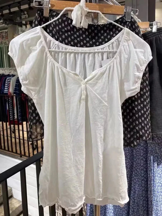 White Ruffle Lace-up Cotton Short Sleeve Tees Women Summer Casual Streetwear Button Tops Female Vintage Sweet Cute Y2K T-shirts