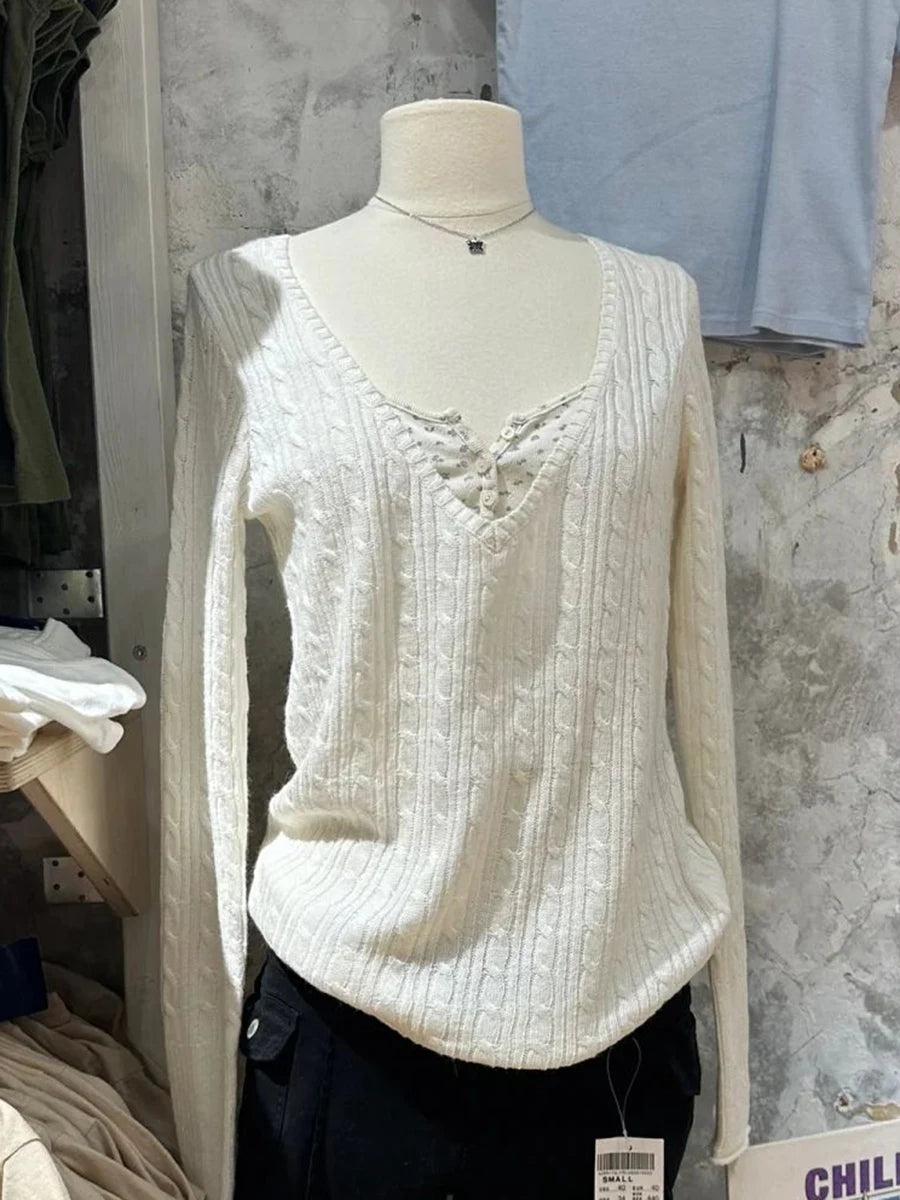 New Beige Twisted Flower Thin Knitted Sweater Women V-Neck Long Sleeve Jumpers Spring Sweet Cute Preppy Style Sweater Top