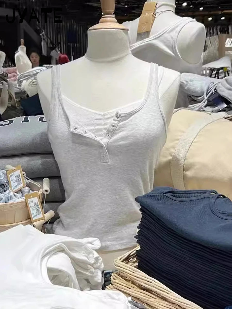 Simple Basic Gray Five Buttons Tank Tops Women Summer New Slim Casual Cotton Crew Neck Vests Retro Harajuku Chic Y2K Camisole
