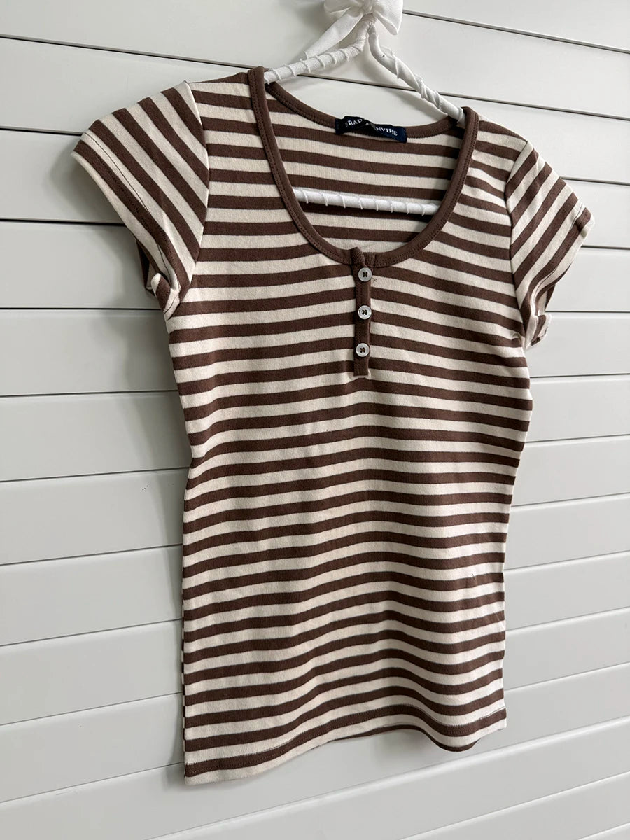 Brown Striped T-shirts Women Spring Casual Preppy Style Cotton Buttons Slim Crop Tops Sweet Cute Vintage tshirt Y2K