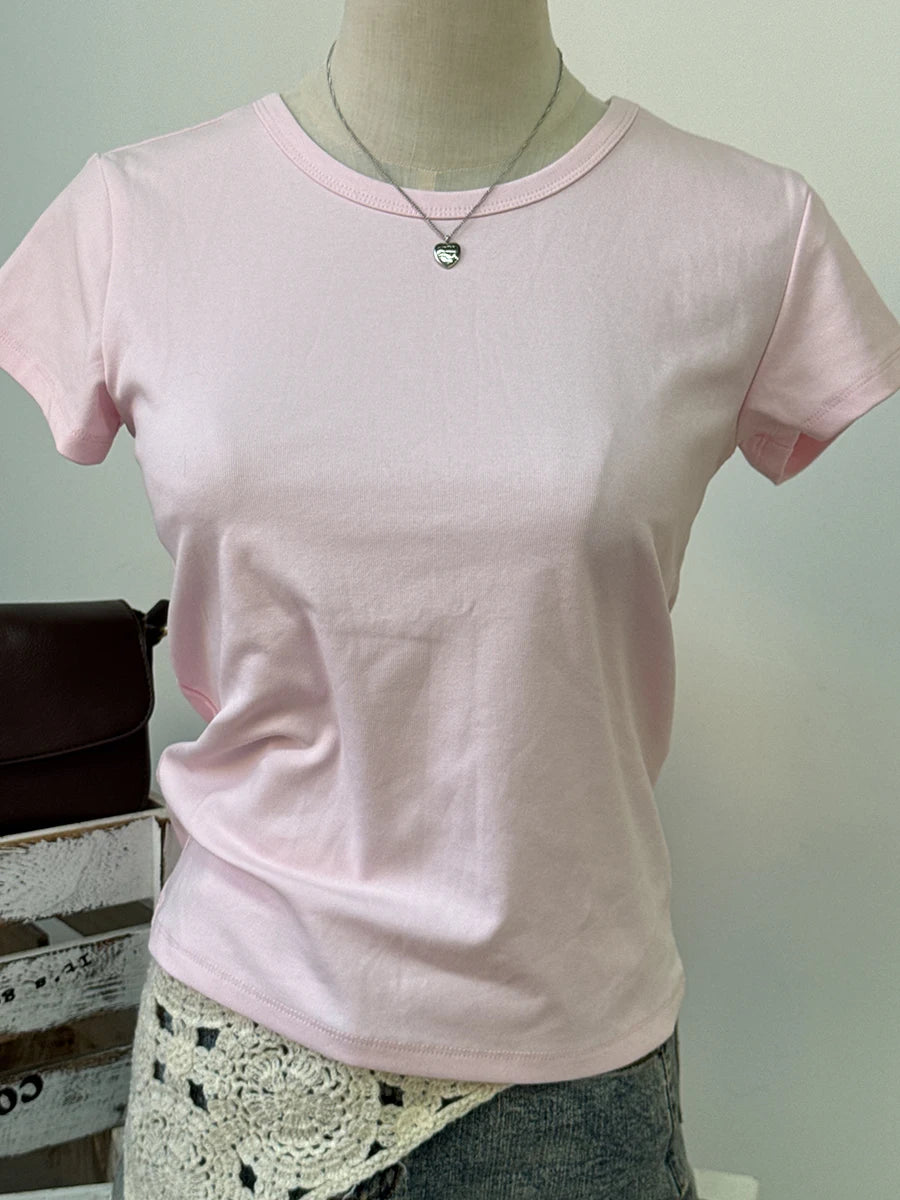 Sweet Gray Lace Trim V-neck Short Sleeve Tee Women New Cotton Casual Simple Slim Tops Clothes Vintage Basic Preppy Style T-shirt