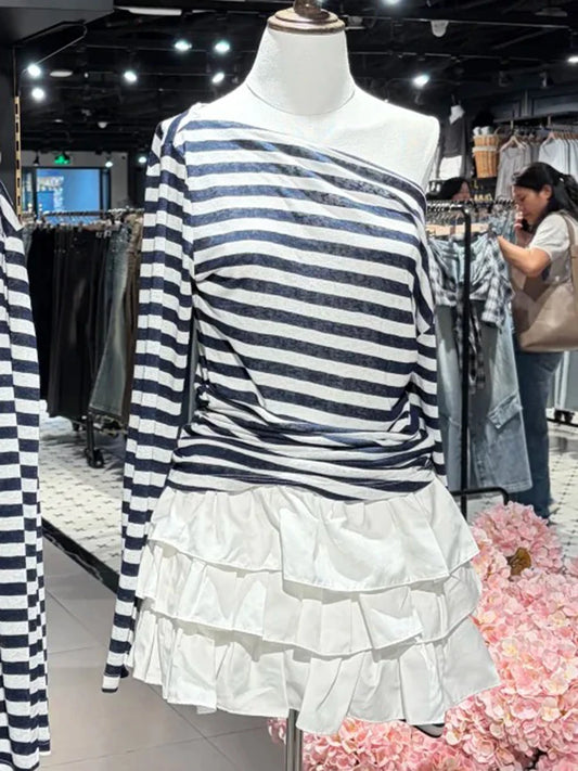 Striped Slash Neck T-shirts Women Casual Streetwear Slim Thin Smock Long Sleeve Tees Vintage Preppy Style Chic Tshirt Y2K Tops