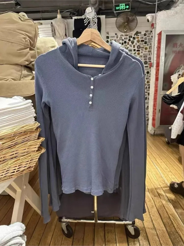 Vintage Navy Blue Buttons Long Sleeve T-Shirts Women Autumn Streetwear O-Neck Loose Hoodies Tops Casual Vintage Sweet Tees Y2K