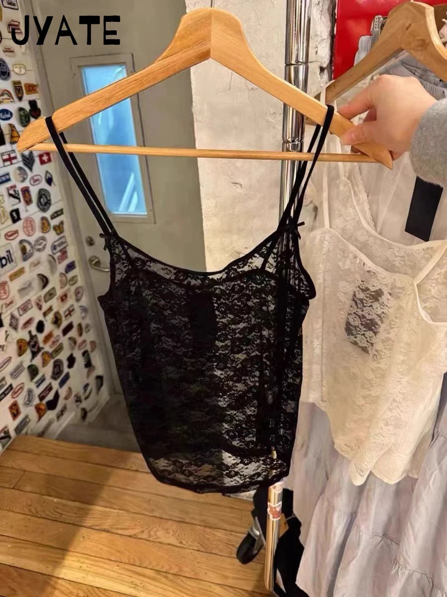 Harajuku Black Lace Sheer Slim Camisole Women Summer Streetwear Sexy Smock All-match Cropped Vests Vintage Sweet Chic Tank Tops